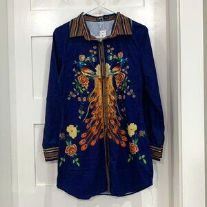 casual mini shirt dress with peacock pattern